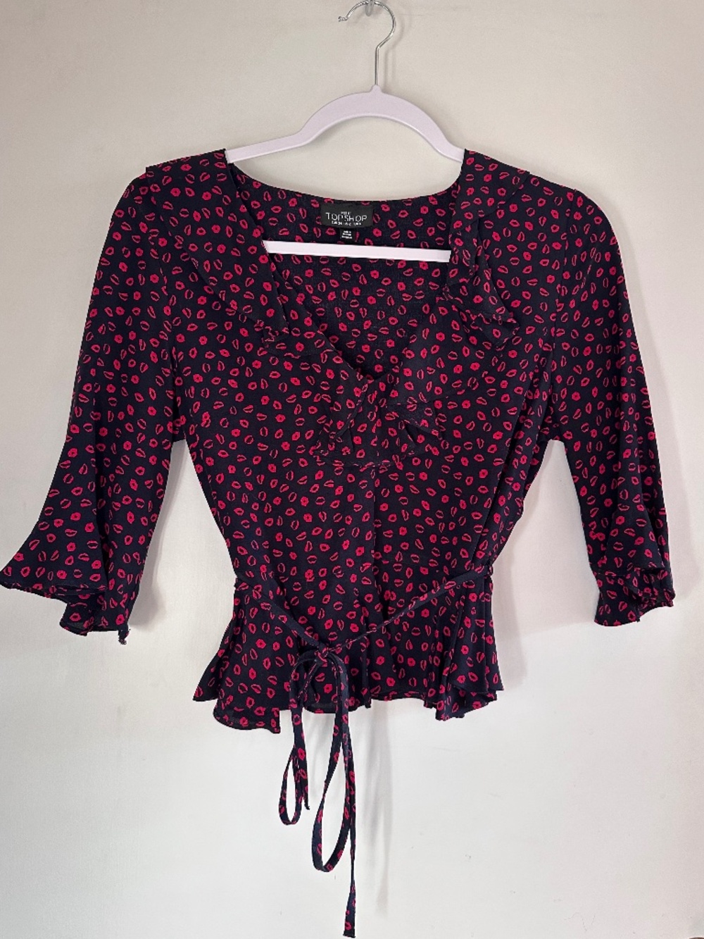 Topshop lips print black tie waist blouse 3/4 sleeves